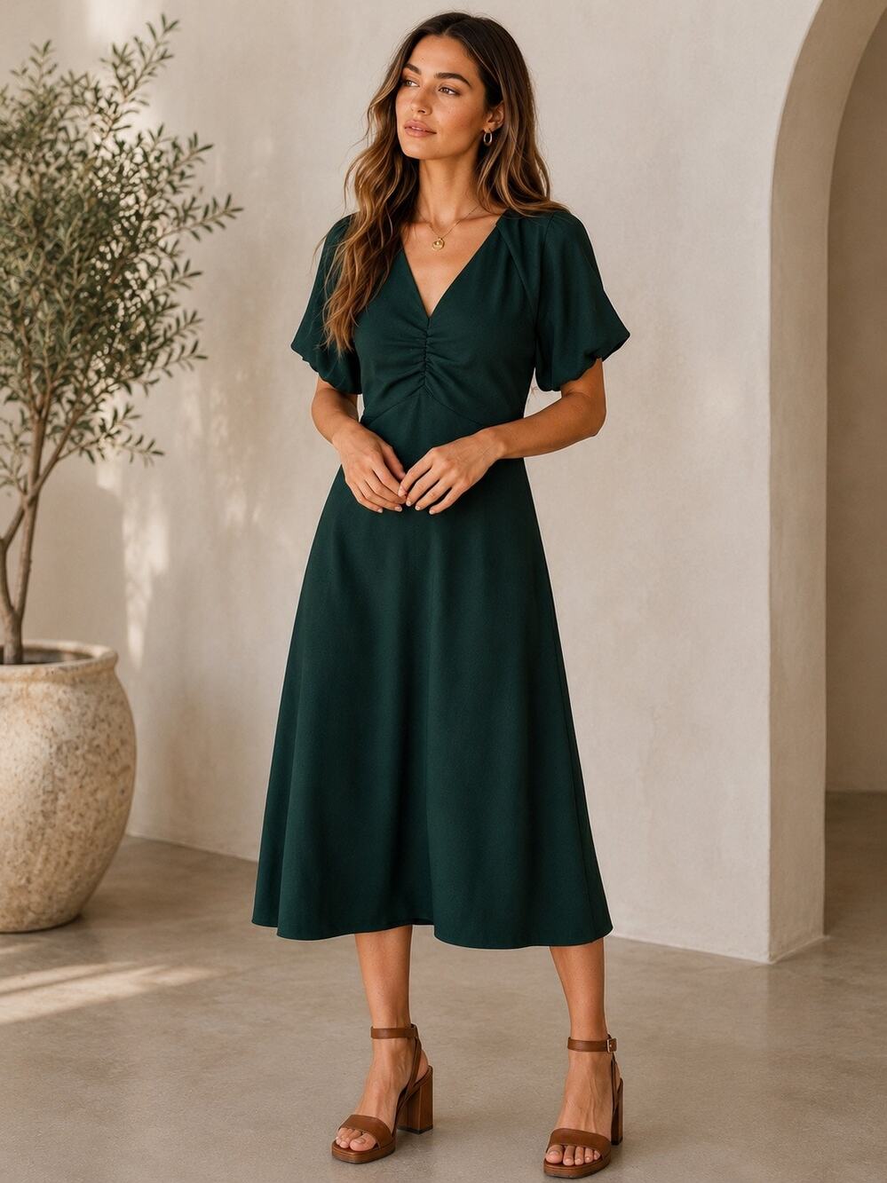 Bohme Maeve Emerald Green Puff Sleeve Ruched Midi Dress Lined Size Small Boho